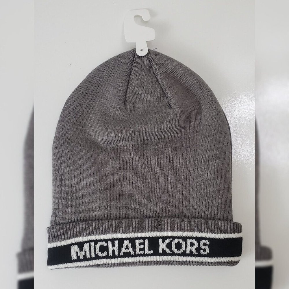 MICHAEL KORS BEANIE HAT MEN'S FLEECE LINING FOR EXTRA WARMTH OS GREY LOGO AROUND